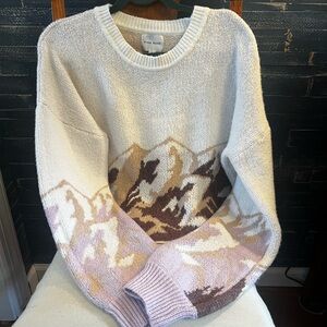 Pink Rose Women's Mountain Scene Sweater - Cream and Brown XL cropped